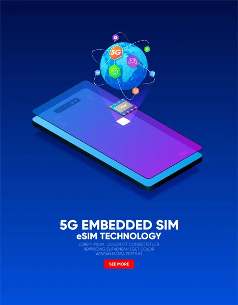 Nueva comunicación móvil, tecnología de chip de tarjeta eSIM. Concepto SIM integrado. 5G Ilustración vectorial — Vector de stock