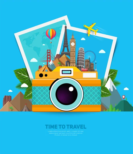 Reis-en vakantieconcept met beroemde bezienswaardigheden, tropische bladeren, fotolijsten en camera. Zomer poster design. Vector illustratie — Stockvector