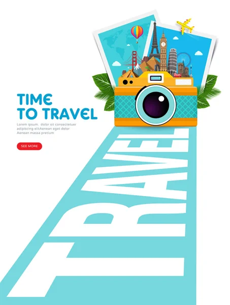 Reis-en vakantieconcept met beroemde bezienswaardigheden, tropische bladeren, fotolijsten en camera. Zomer poster design. Abstract perspectief weg naar avontuur. Vector illustratie — Stockvector