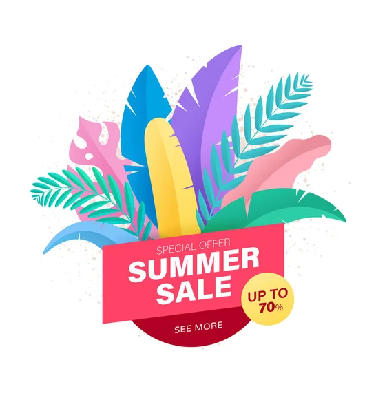 Colorful floral banner with tropical leaves for summer sales and discount. — Stock Vector