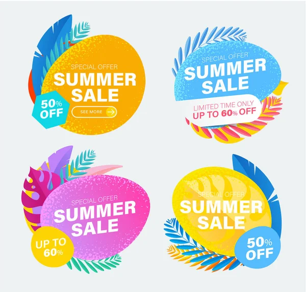 Set of summer sale and discount colorful stickers with tropical leaves. Floral banners for sale and discount. — Stock Vector
