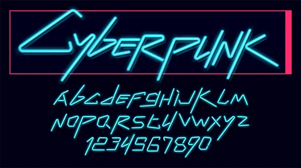 Vektor Neon Cyber-Schrift und Alphabet. Leuchtende Cyberpunk-Schrift 2077. — Stockvektor