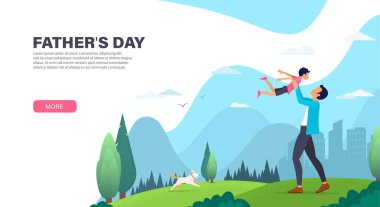 Babası oğluyla birlikte dışarıda vakit geçiriyor. Babası oğluyla oynuyor. Açılış sayfası tasarımı. Web siteleri için Modern Vektör illüstrasyon