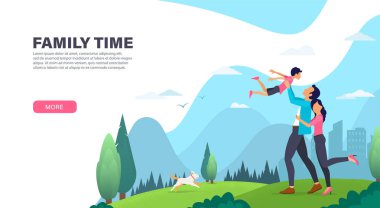 Aile dışarıda birlikte vakit geçirir. Karısı kocasına sarılır. Babası oğluyla oynuyor. Açılış sayfası tasarımı. Web siteleri için Modern Vektör illüstrasyon