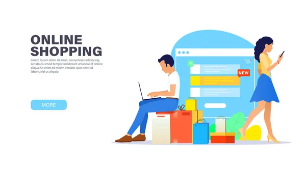 Concepto de Landing Page. Chico joven con portátil sentado en cajas de compras y compras en línea. Joven chica hermosa haciendo compras con el teléfono. Diseño plano moderno para sitios web de compras . — Archivo Imágenes Vectoriales