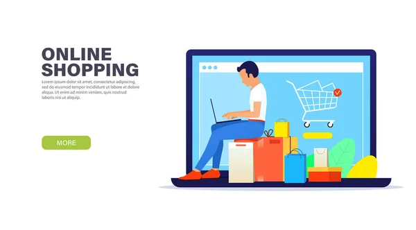 Concept de Landing Page. Jeune homme avec ordinateur portable assis sur les achats de boîtes et les achats en ligne. Design plat moderne pour les sites de shopping. Facile à modifier et à personnaliser . — Image vectorielle