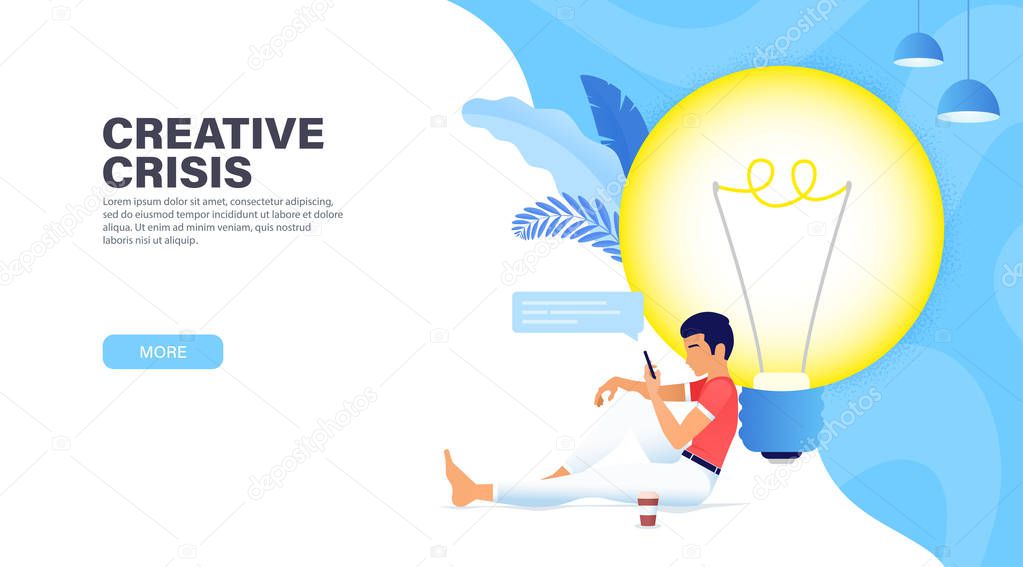 Creative crisis concept. Guy sitting near the big glowing light bulb and looking new ideas for project, chatting on social networks and drinking coffee. Time management banner. Modern landing page.