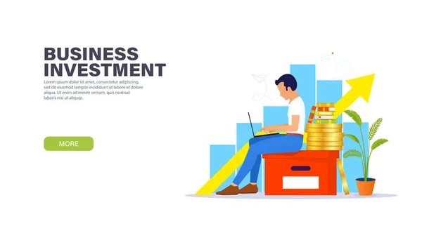 Concept de page de destination des investissements des entreprises. Le gars assis sur une grande boîte de bureau avec un ordinateur portable et travaillant dans une atmosphère détendue sur une nouvelle idée d'entreprise. Facile à modifier et à personnaliser . — Image vectorielle