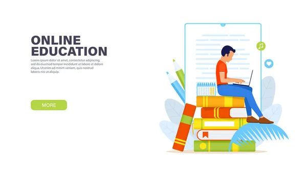 Online education. Young man sitting with laptop on a stack of books and remotely studying online course. Online education or ebook reading concept. Vector modern landing page.