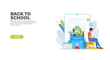 Okula geri dön. Genç adam kitap yığını üzerinde dizüstü bilgisayar ile oturan ve uzaktan online ders okuyor. Okul malzemeleriyle dolu mavi sırt çantası. Online eğitim kavramı. Vektör modern açılış sayfası.