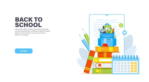 Zurück zur Schule. blauer Rucksack mit Schulmaterial auf einem Stapel Bücher. Online-Bildung oder eBook-Reading-Konzept. Vektor moderne Zielseite. — Stockvektor