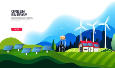 Güneş panelleri ve rüzgar türbinleriyle alternatif enerji iniş sayfası şablonu. Ekolojik sürdürülebilir enerji kaynağı. Yeşil enerji ve çevre dostu ev. Modern düz vektör illüstrasyonu. 