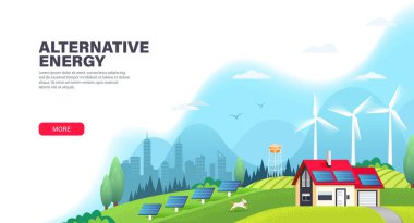 Güneş panelleri ve rüzgar türbinleriyle alternatif enerji iniş sayfası şablonu. Ekolojik sürdürülebilir enerji kaynağı. Yeşil enerji ve çevre dostu ev. Modern düz vektör illüstrasyonu. 