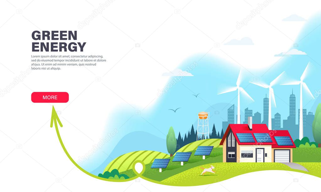 Alternative energy landing page template with solar panels and wind turbines. Ecological sustainable energy supply. Green energy and eco friendly house. Modern flat vector illustration. 