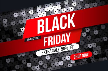 Modern Black Friday banner with black sequin fabric effect for special offers, sales and discounts. Promotion and shopping template for Extra sale 50% off. Limited time offer