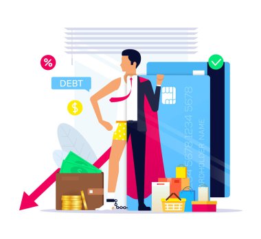 Veresiye yaşam tarzı, Credit süper kahramanı. Kredi Kartı Borcu. Kredi kartı prizmasından genç bir iş adamı. Finansal özgürlük kavramı. Vektör illüstrasyonu