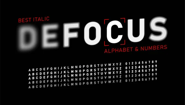 Fonte Floue Réaliste Alphabet Avec Lettres Chiffres Focalisés Déconcentrés Lettres — Image vectorielle