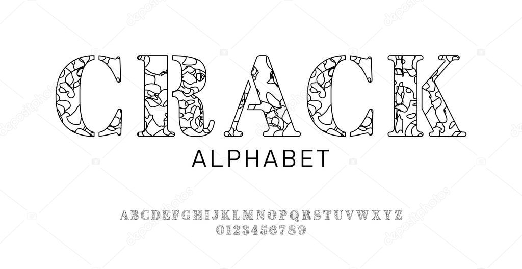 Set of font letters and numbers with decorative racked surface. Broken effect. Isolated black alphabet on white background.
