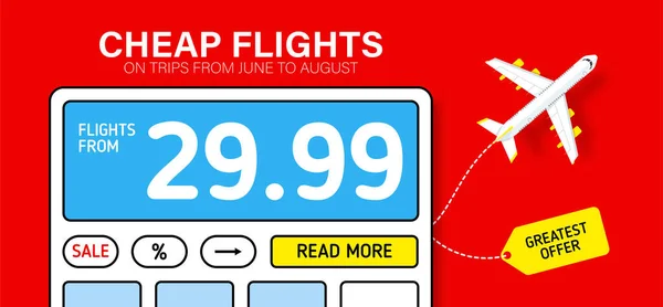 Red Banner Calculator Hot Fares Domestic International Flights Greatest Deal — Stock Vector