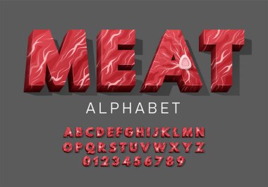 Latince vektör et alfabesi. Kemikli taze çiğ etten gelen harf ve rakamlar. Restoranlar, kasaplar, çiftçiler için kırmızı fileto sığır eti fontu..