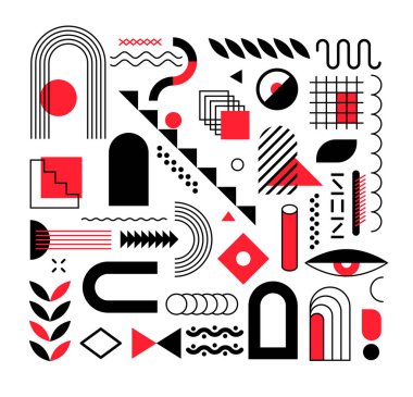 Soyut geometrik şekiller ve parlak kırmızı elementlere sahip tasarım elementleri. Memphis tasarımı, yaratılış reklamları için retro elementler, ticari afişler, reklam panoları, satış, poster, broşür