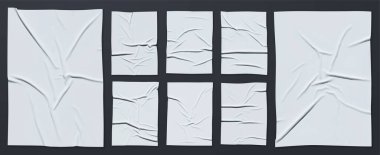 Beyaz yapıştırılmış buruşuk posterin bir kopyası. Büyük bir vektör gerçekçiliği, buruşmuş ıslak yapıştırılmış kağıt kümesi. Sunumunuzda kolayca düzenlenebilen ve kullanılabilen modern posterler. Her şey katmanlara göre gruplanır.