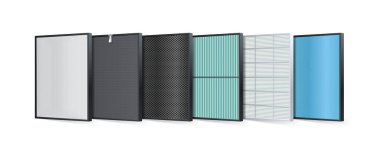 Multi-layer air filter consists of multiple filter layers. Aluminum filter, Coarse fibers, carbon layers, protecting against PM2.5, HEPA filter, fabric layers, air purification layer, ionizer. Vector clipart