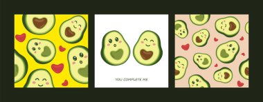 Gülümseyen avokado çizgi filmiyle kusursuz desen oluşturuldu. Posterler, baskılar, kartlar, kumaş, tekstil, çocuk kitapları ve bebek kıyafetleri için el çizimi tarzı.