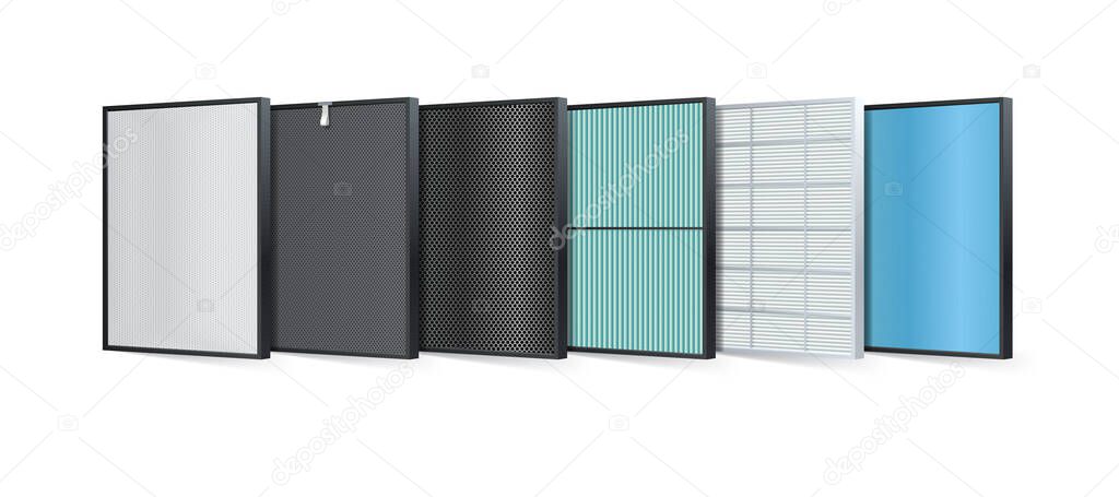 Multi-layer air filter consists of multiple filter layers. Aluminum filter, Coarse fibers, carbon layers, protecting against PM2.5, HEPA filter, fabric layers, air purification layer, ionizer. Vector