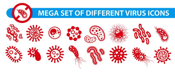 Mega集不同类型的病毒图标 Corona Virus 2019 Ncov 在白色背景下分离的病媒病毒 微生物 病原体 细菌和细菌红色符号 — 图库矢量图片