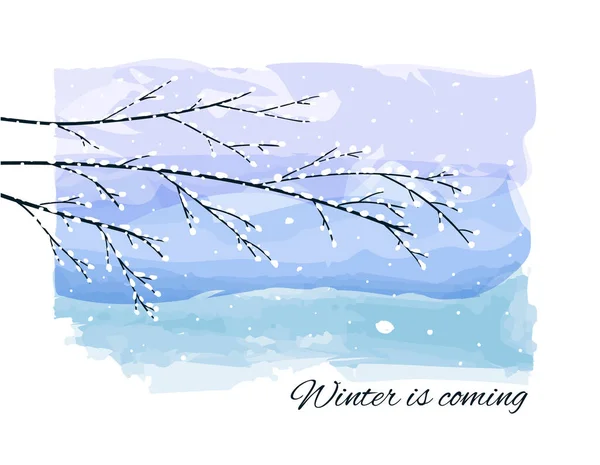 Winter is coming. Christmas winter landscape greeting card. Winter background with snow-covered frozen tree branches, snowfall on watercolor backdrop. Snowy weather vector design. Falling snow
