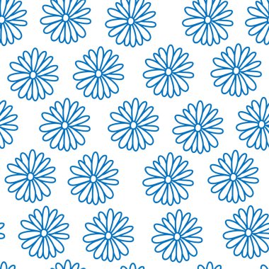 Papatya çayı, Aster çiçekli, dikişsiz desen. El çizimi mavi papatya çiçeği resmi basit Doodle stiliyle. Paketleme, tekstil baskıları, duvar kağıdı tasarımı için