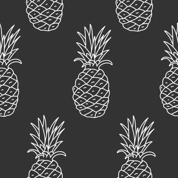 Ananas dikişsiz vektör deseni. Doodle tarzında siyah bir arkaplan üzerine egzotik meyve çizimi. Ambalaj kağıdı, tekstil baskısı, duvar kağıdı, yaz tasarımları için