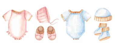 Bebek Erkek Giysileri Seti. Vücut giysisi, Cap veya Bonnet ve Booties mavi renkli. Suluboya el çizimi çizimi. Çocuklar için şirin tasarım unsurları. Yeni doğanları karşılamak ya da doğum günü kartları, cinsiyet belirleme partisi, bebek partisi.
