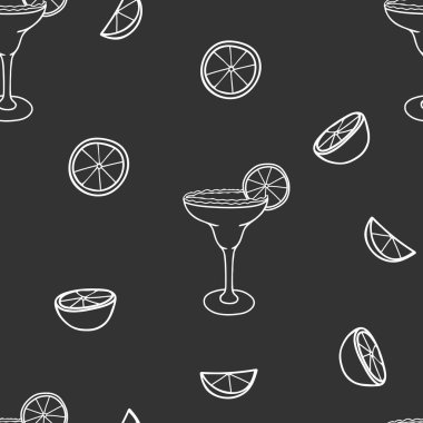 Limonlu Margarita kokteyli kusursuz bir desen. Siyah arka planda beyaz çizgi. Doodle tarzında elle çizilmiş grafik vektör çizimi. Restoran menüleri ve grafik tasarım projeleri için