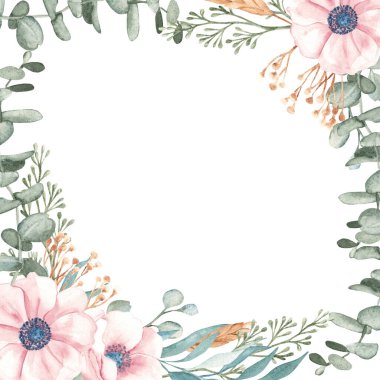 Okaliptüs dallı Anemone Meydanı Çerçevesi, Kuru sarı Tansy ve Çavdar ya da Buğday Dikenleri. Suluboya El, arka planda izole edilmiş çiçek resimlerini çizdi. Tebrik kartları, düğün davetiyesi, tarihi ve bebek partisini ayırın.