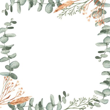 Okaliptüs Dalları Kare Çerçevesi, kuru sarı Tansy ve Çavdar ya da Buğday Dikenli. Suluboya El, arka planda izole edilmiş çiçek resimlerini çizdi. Tebrik kartları, düğün davetiyesi, tarihi ve bebek partisini ayırın.