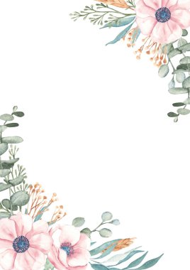 Çiçek Kart Şablonu. Anemone ve Eucalyptus Dikey Kare Çerçevesi, kuru sarı Tansy ve Çavdar ya da Çavdar Ekmeğiyle sınır. Suluboya El botanik illüstrasyon çizdi. Tebrik kartları, düğün davetiyesi, tarihi ve bebek partisini ayırın.