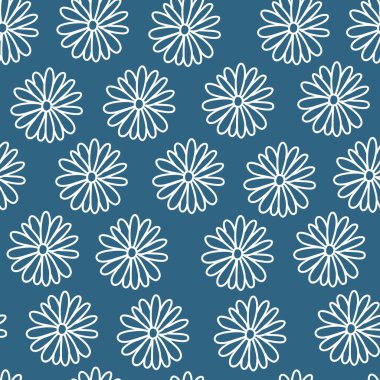 Papatya çayı, Aster çiçekli, dikişsiz desen. Beyaz Çizgili El, Daisy Flower 'ı mavi arka planda basit Doodle tarzıyla çizdi. Paketleme, tekstil baskıları, duvar kağıdı tasarımı için