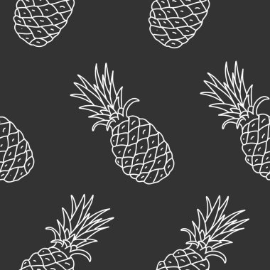 Ananas dikişsiz vektör deseni. Doodle tarzında siyah bir arkaplan üzerine egzotik meyve çizimi. Ambalaj kağıdı, tekstil baskısı, duvar kağıdı, yaz tasarımları için