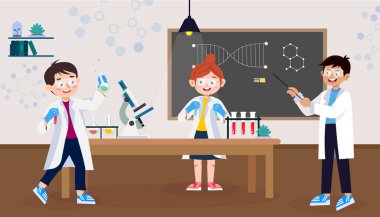 Sınıftaki kimya dersinin temsilcisi. Kız çocukları, beyaz önlüklü erkekler, eldivenler, bardaklar, sıvılı mataralar, işaretleyici, moleküllü okul tahtası, mikroskop..