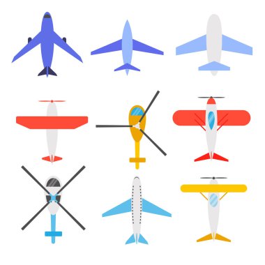 Çizgi film tarzında bir uçak seti. Farklı uçak türlerinin temsili: yolcu uçakları, rotorcraft, helikopterler, beyaz arka planda izole edilmiş. Seyahat için taşıma.