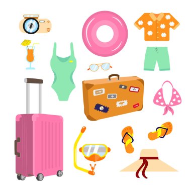 Çizgi film tarzında tatil için farklı şeyler. Vektör illüstrasyonu: kamera, kokteyl, bavul, mayo, güneş gözlüğü, şişme yüzük, tişört, şort, bavul, yüzme maskesi, terlik, şapka.