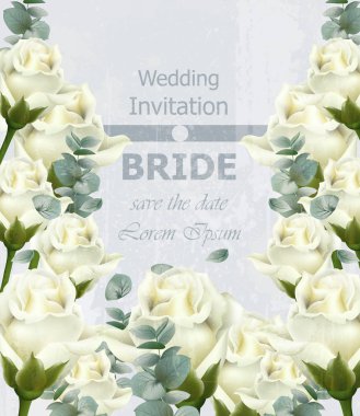 Beyaz güller çiçek ile güzel düğün davetiyesi. Lüks suluboya çiçek vektör kartı. Vintage dekor tasarımlar