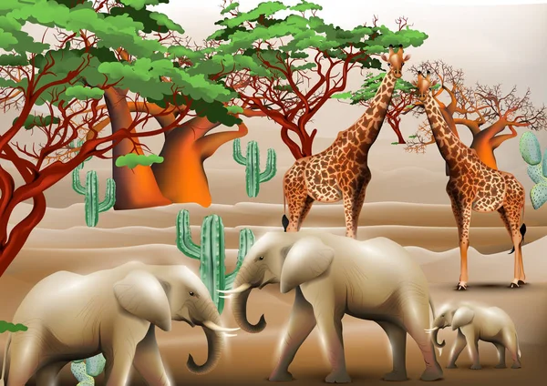 Elefantes e girafas safari fundo Vector ilustração modelo — Vetor de Stock