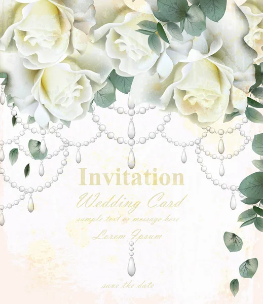 Zaproszenia ślubne piękne kwiaty białe róże. Akwarela luksusowe karta kwiatowy wektor. Vintagowa wystrój projekty — Wektor stockowy