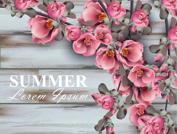 Letní pozadí s růžovými květy větve na dřevěné pozadí. Vektor realistické 3d květinové kytice — Stockový vektor