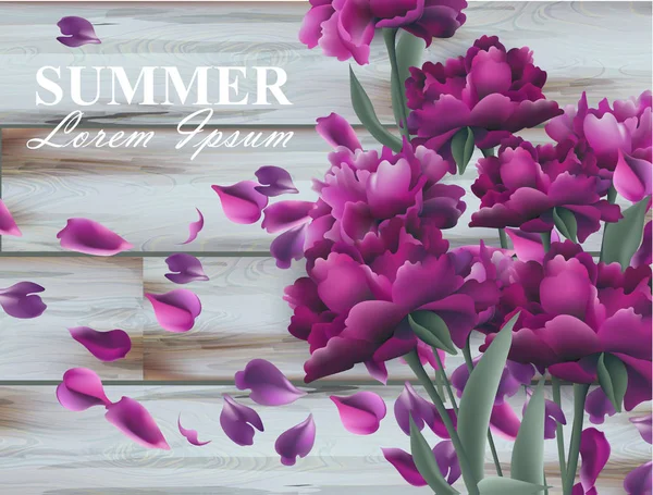 Letní pozadí s Pivoňka kytice na dřevěné pozadí. Vektor realistické 3d květinové kytice — Stockový vektor