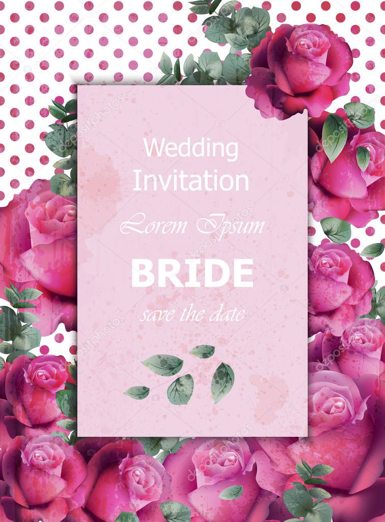 Wedding invitation card Vector. Beautiful roses floral frame vertical. Banner poster template 3d backgrounds