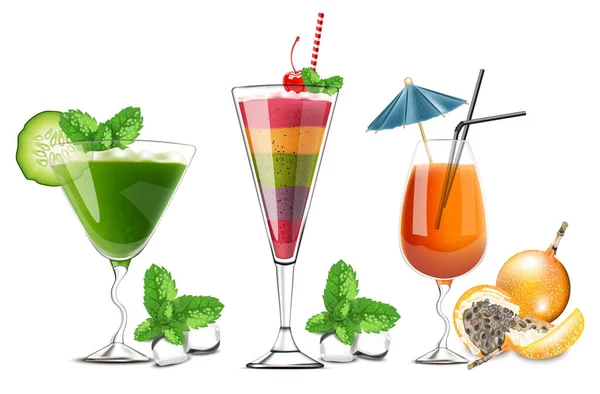 Verres à cocktails aux fruits exotiques isolés Vector réaliste. Boissons tropicales d'été collections 3D détaillées — Image vectorielle